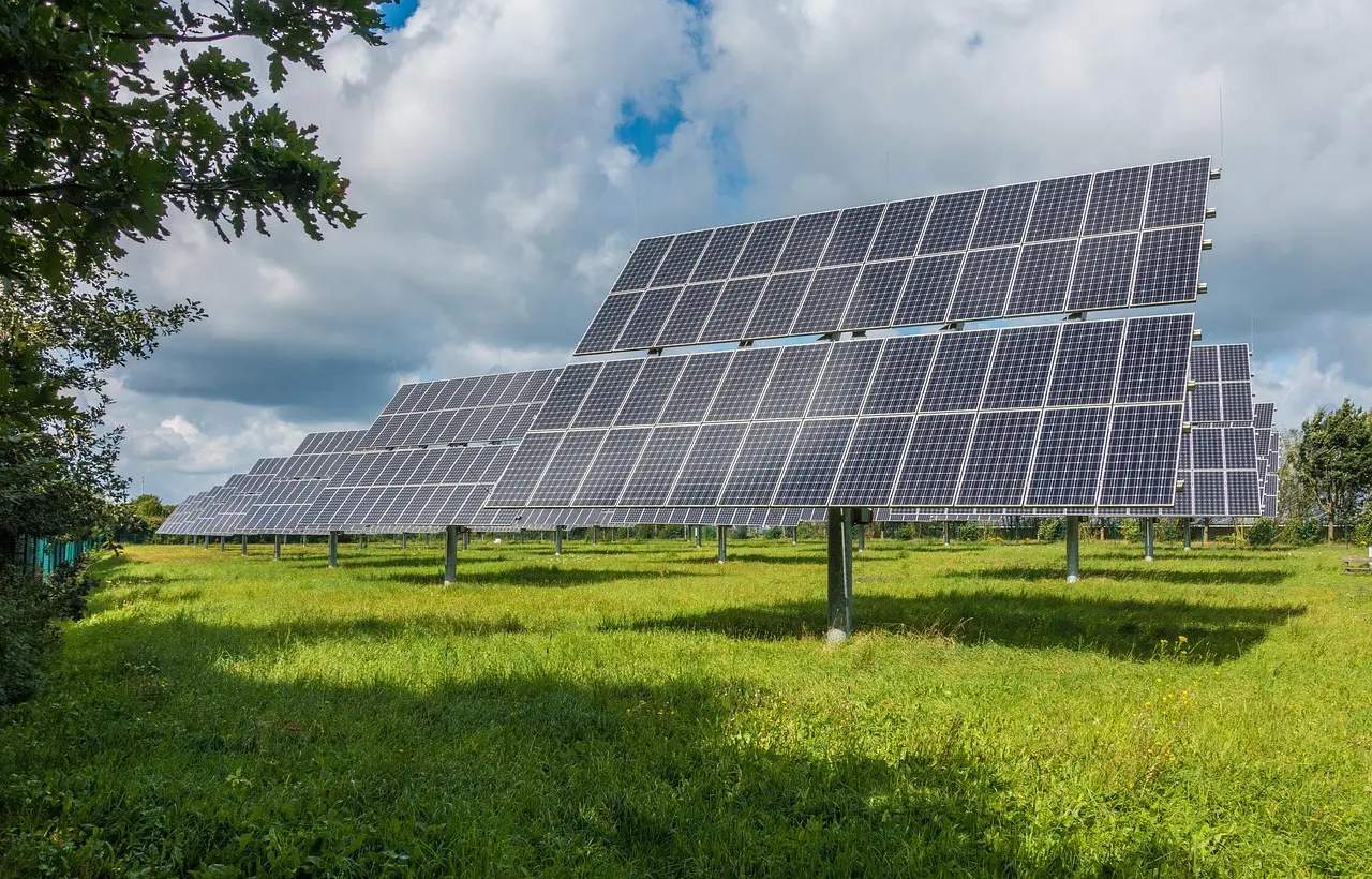 Freiflächen-Photovoltaikanlage auf einer Wiese.