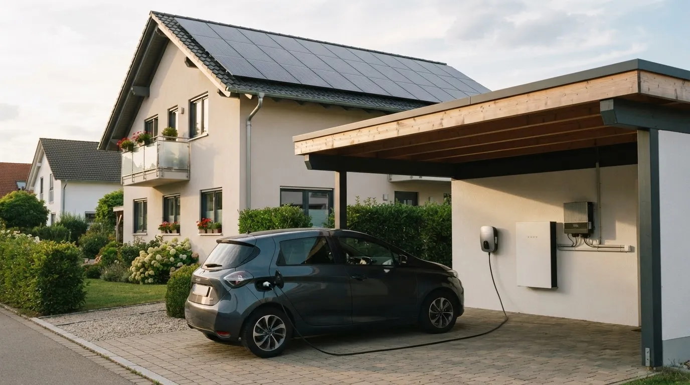 Elektroauto in einem Carport, per Ladekabel mit einer Wallbox verbunden, daneben Heimspeicher und Wechselrichter, auf dem Hausdach eine PV-Anlage.