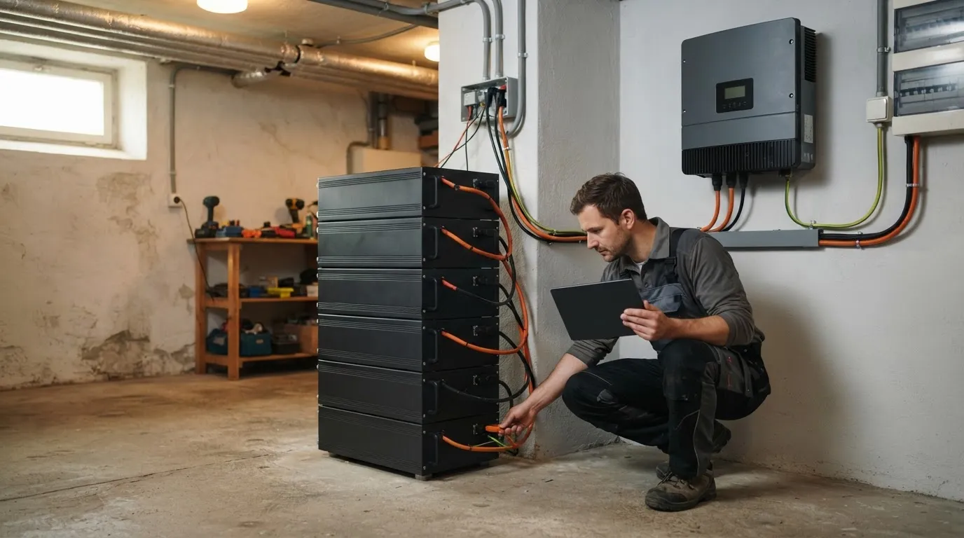 Installateur prüft im Keller mit einem Tablet die Verbindungen eines Batterieturms aus gestapelten schwarzen Modulen am Hybridwechselrichter.