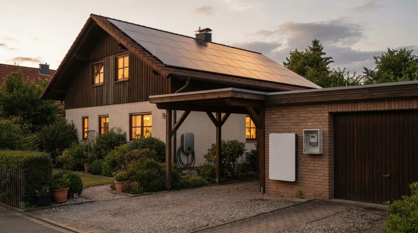 Einfamilienhaus mit PV-Dach am Abend, davor Wallbox am Carport und Heimspeicher mit Zähler an der Garagenwand.