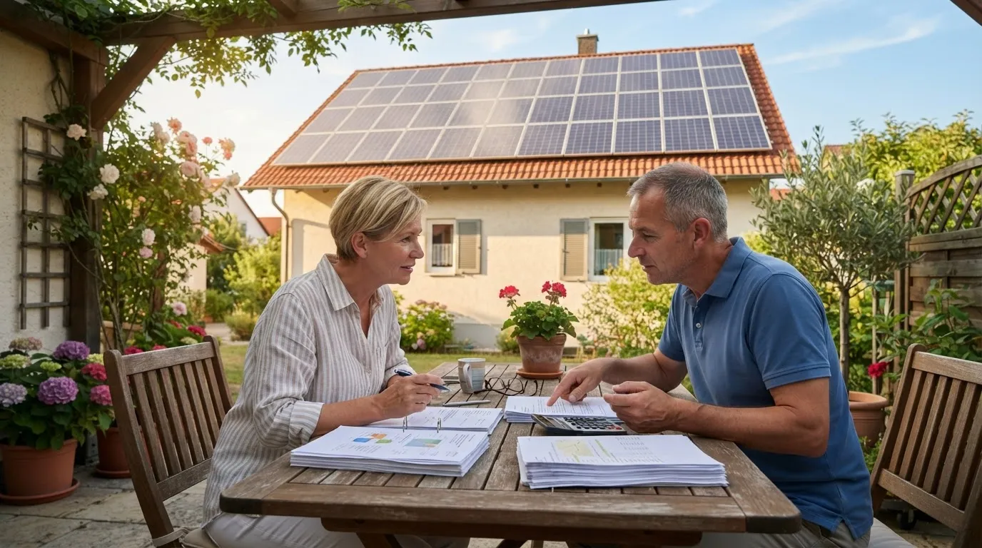 Ein Paar sitzt auf der Terrasse an einem Tisch mit zwei Stapeln Angebotsunterlagen und einem Taschenrechner, über ihnen das Haus mit PV-Dach.