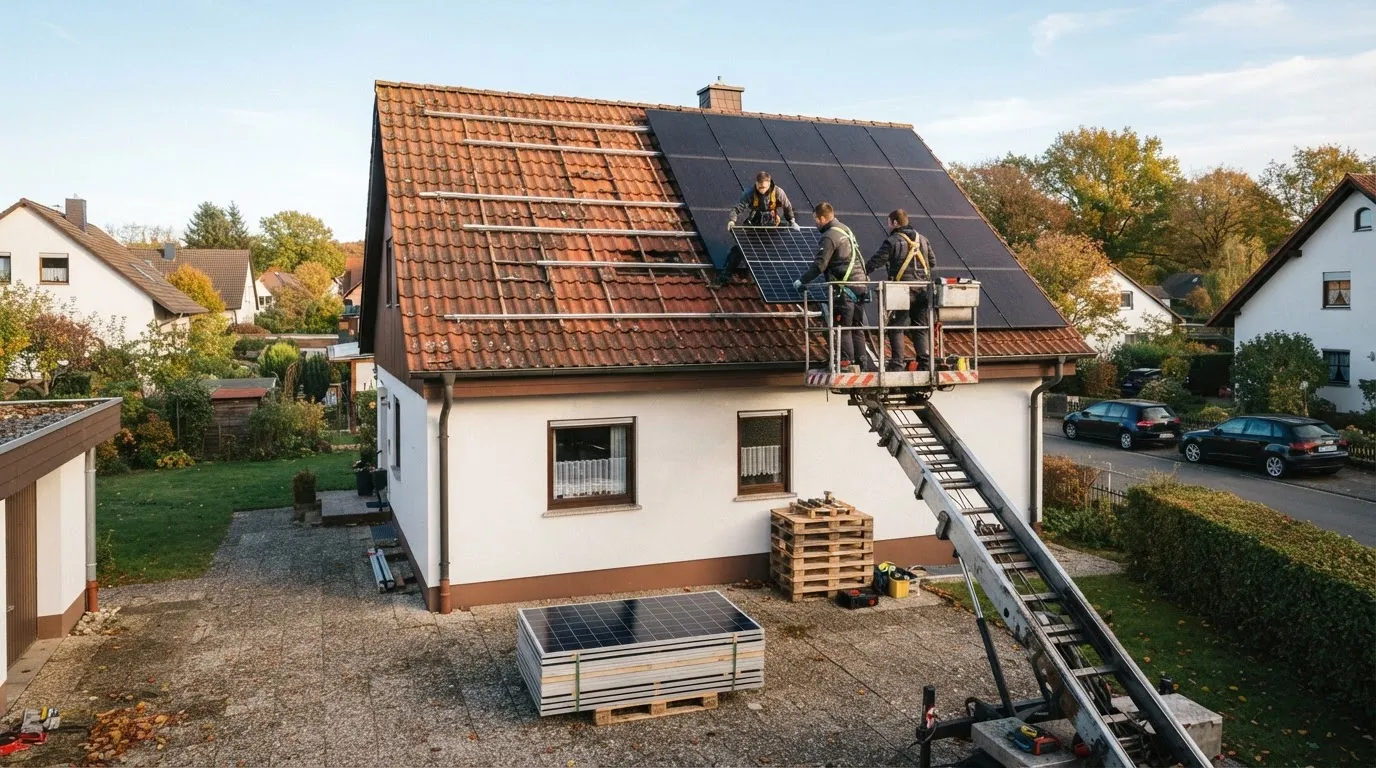 Arbeiter in einem Hubsteiger bauen Solarmodule vom Ziegeldach eines Einfamilienhauses ab, abgebaute Module liegen auf einer Palette in der Einfahrt.
