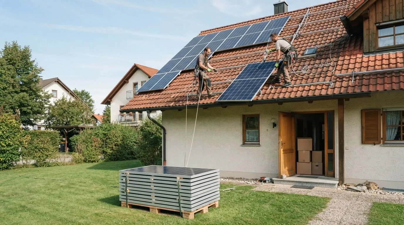 Zwei Monteure demontieren Solarmodule vom Dach eines Hauses, davor ein Stapel abgebauter Module, an der Haustür stehen Umzugskartons.
