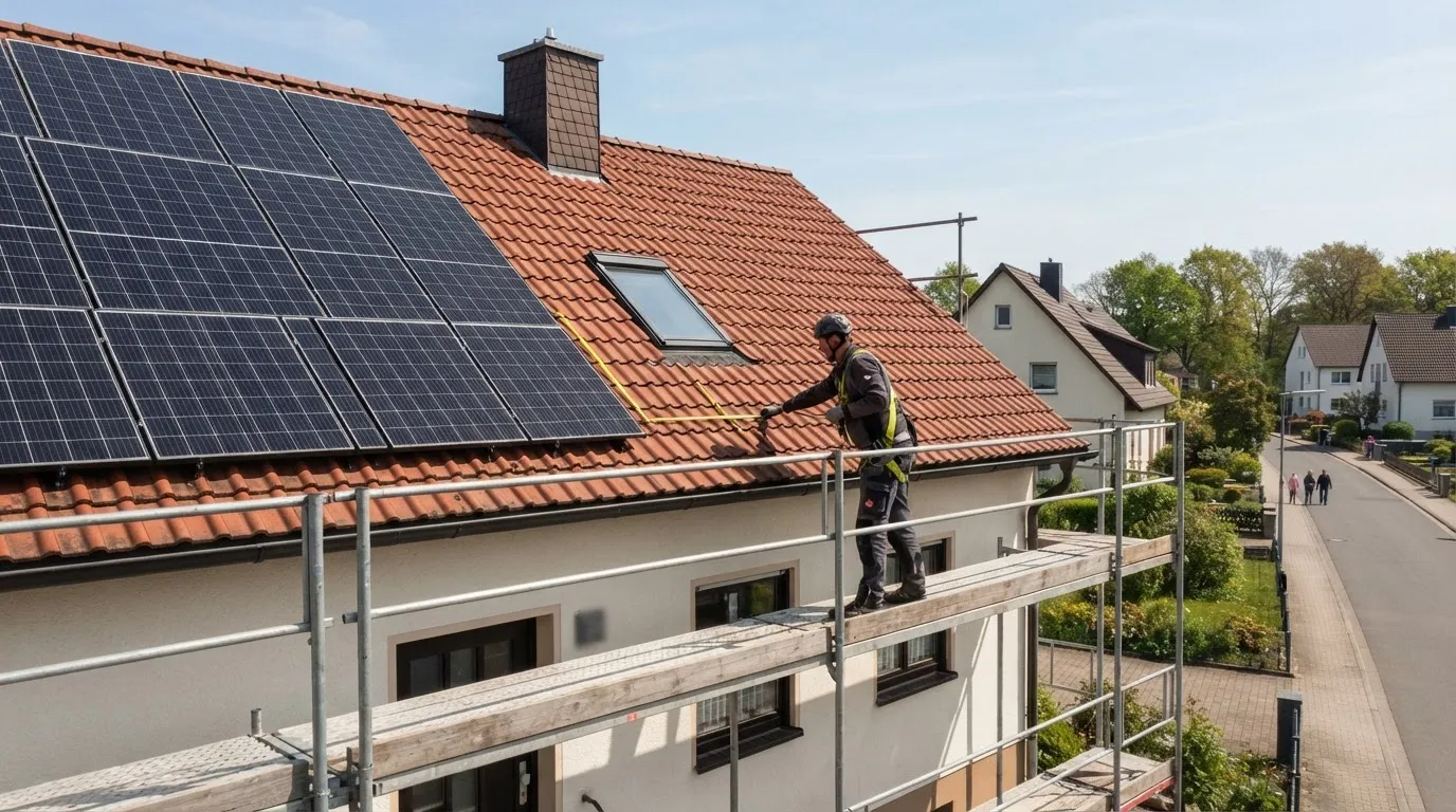 Monteur auf dem Gerüst misst am Dachrand die freie Fläche neben den Solarmodulen mit einem Maßband.