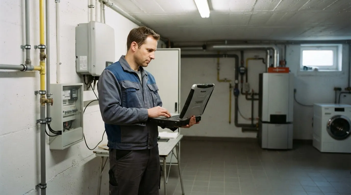 Ein Elektriker prüft mit einem Laptop die Einstellungen eines Wechselrichters, der im Keller neben dem Zählerkasten an der Wand hängt.