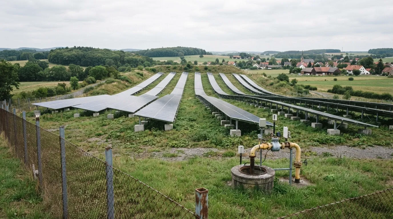 Stillgelegte Deponie mit Reihen von Solarmodulen auf Betonfundamenten auf begrünter Fläche, im Vordergrund ein Deponiegasbrunnen und ein Zaun.