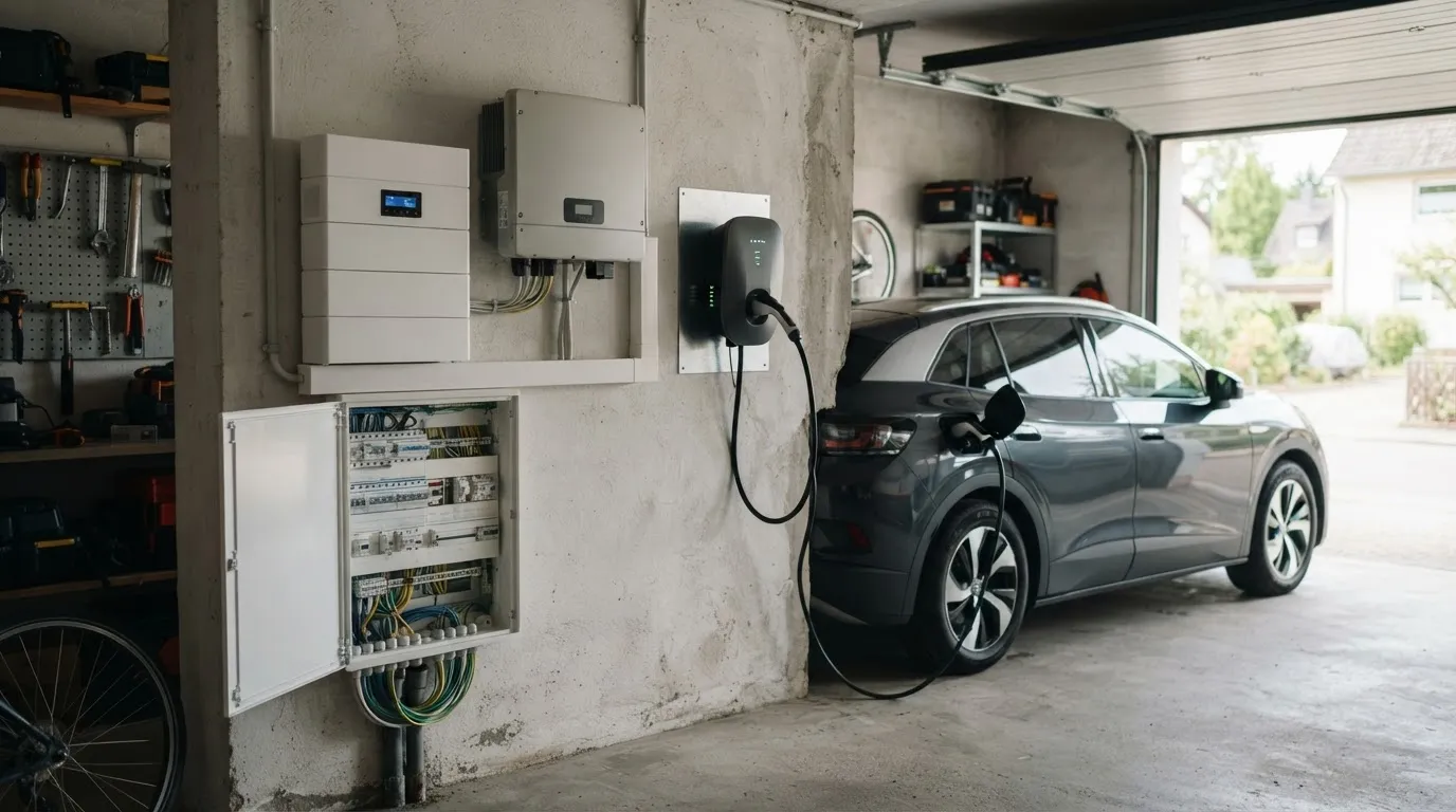 Garage mit Wechselrichter, weißem Heimspeicher, geöffnetem Verteilerkasten und einem Elektroauto an der Wallbox.
