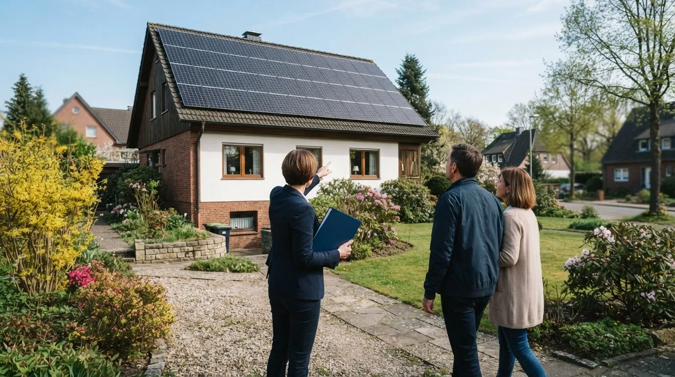 Ein Paar und ein Makler in Geschäftskleidung besichtigen im Vorgarten ein Einfamilienhaus mit PV-Dach.