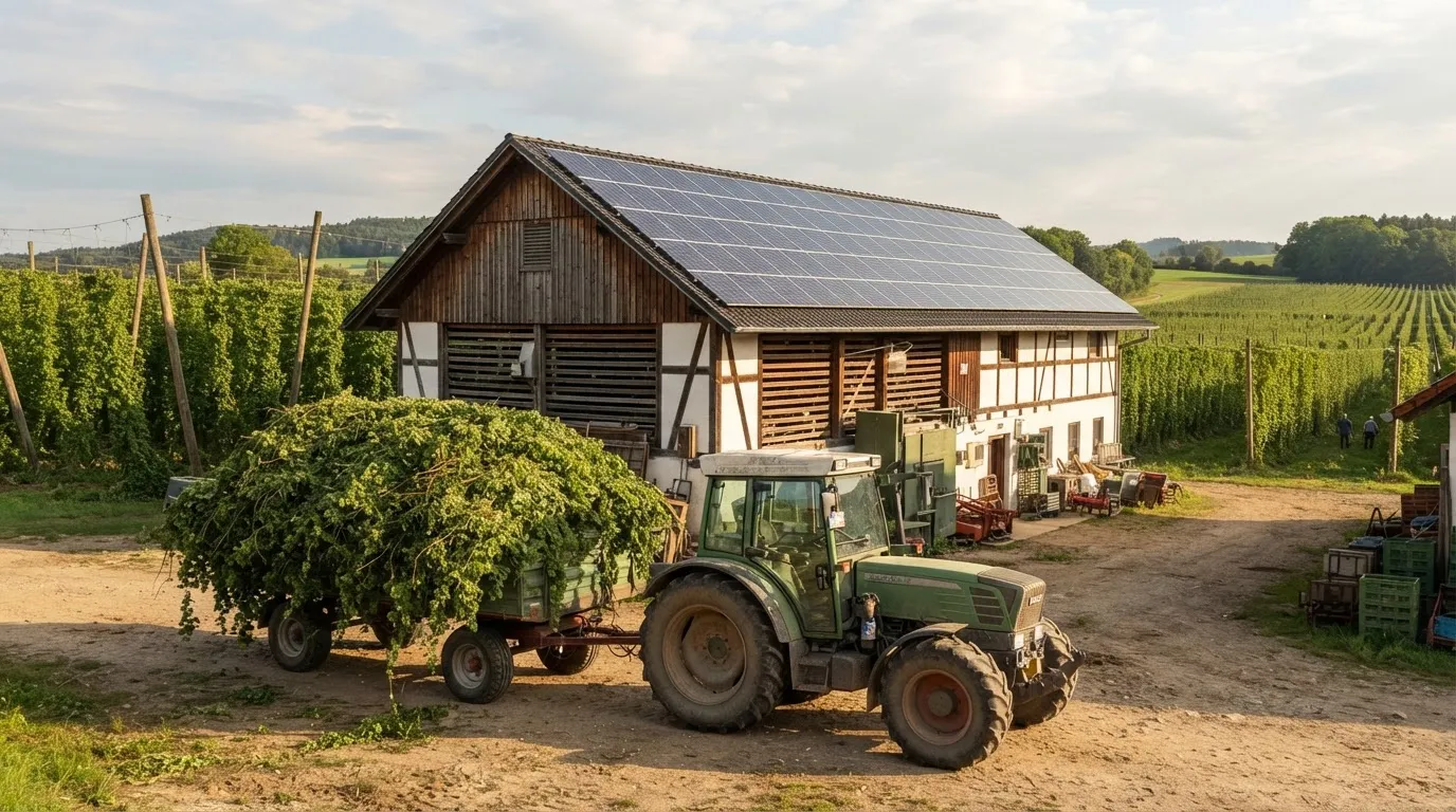 Hopfentrocknung und PV: Darre, Pflückmaschine und Lastgang in der Ernte