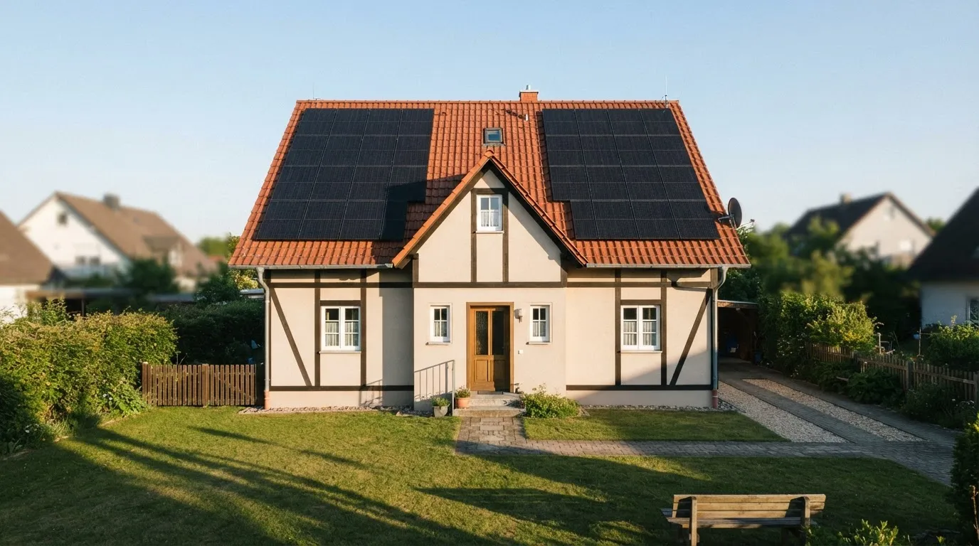 Giebelansicht eines Hauses mit Satteldach, dessen Ost- und Westseite jeweils mit Photovoltaikmodulen belegt sind.