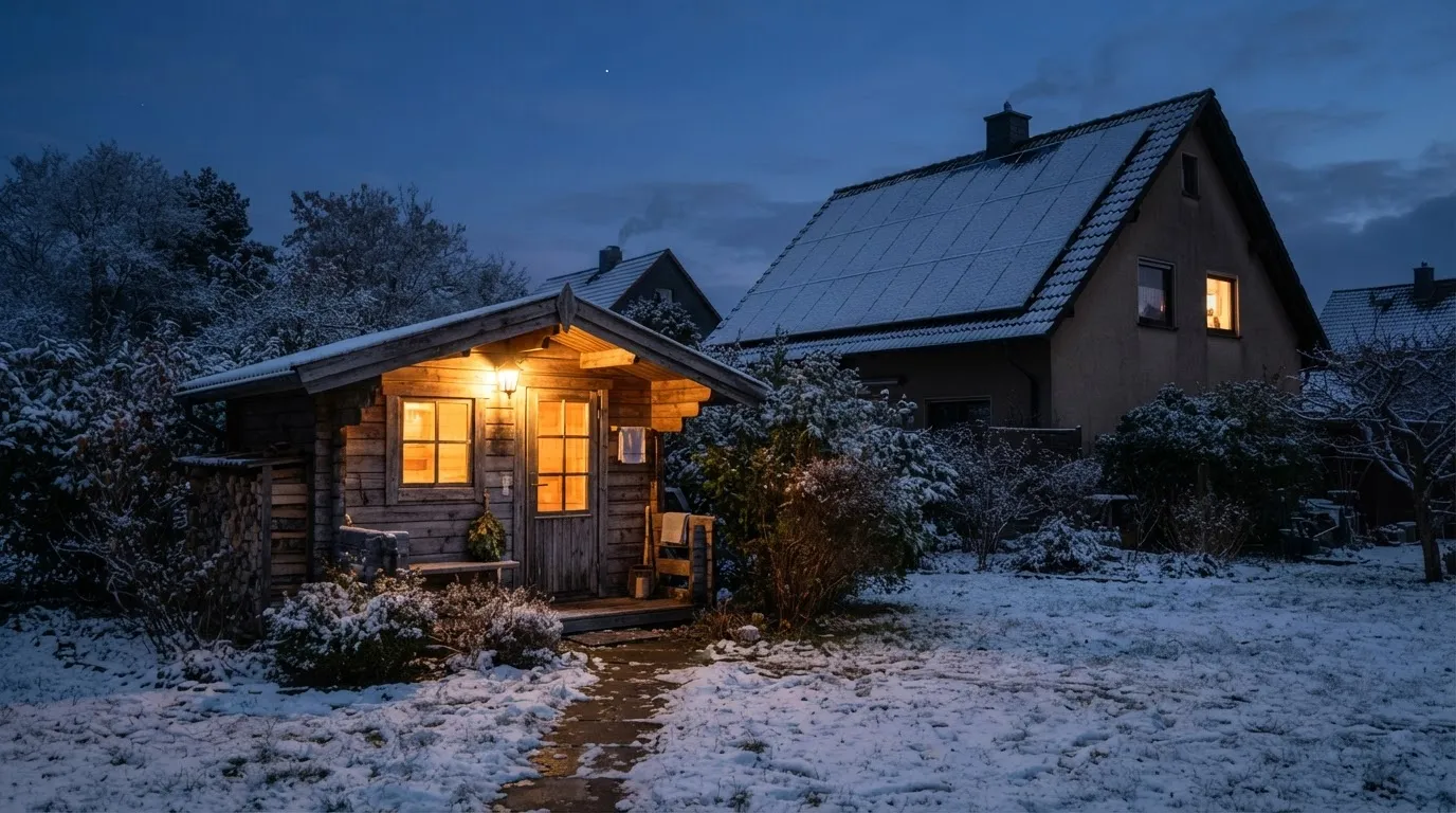 Beleuchtete Gartensauna an einem verschneiten Winterabend, dahinter ein Haus mit Photovoltaikmodulen auf dem Dach.