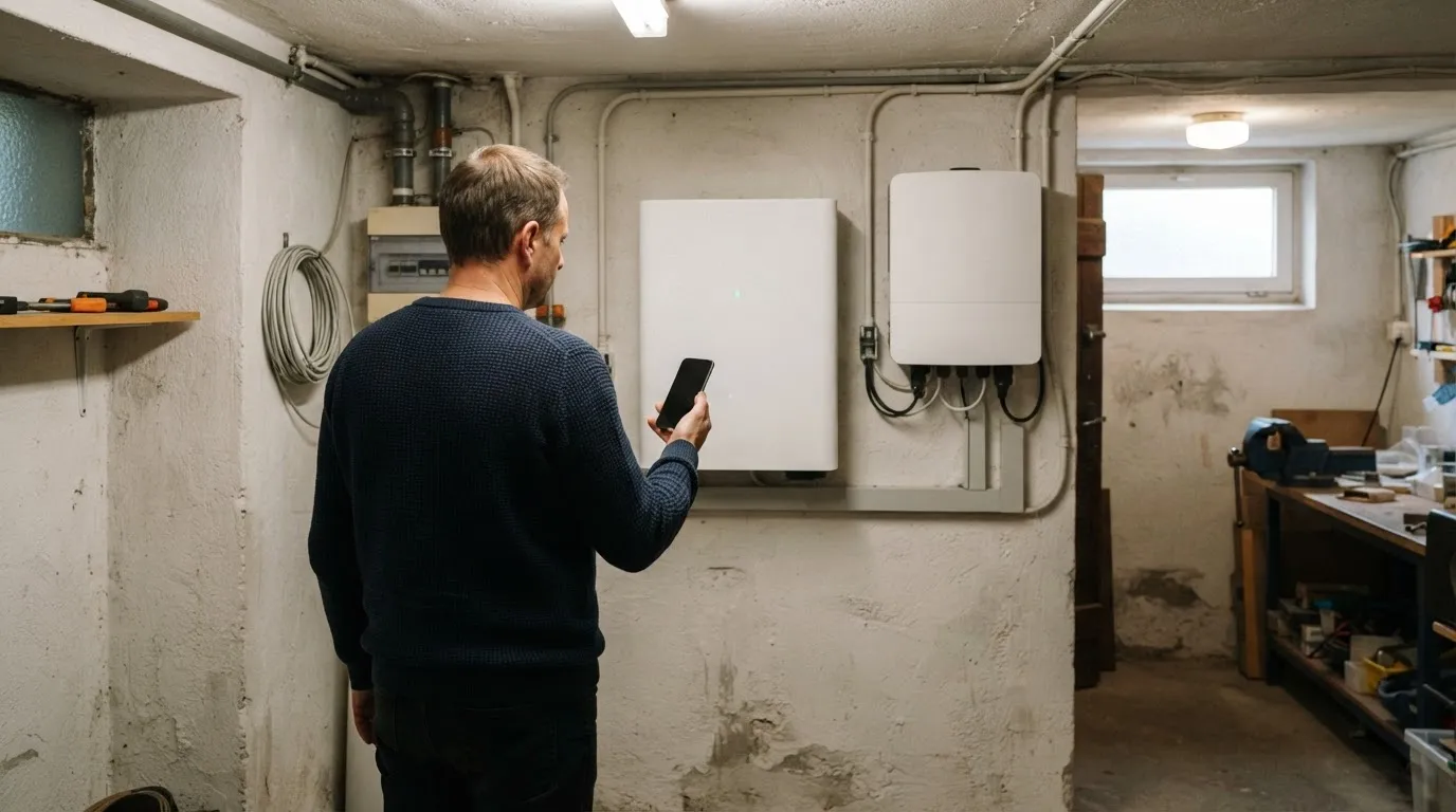 Mann prüft im Keller mit dem Smartphone in der Hand den Heimspeicher mit leuchtender Statusanzeige neben dem Wechselrichter.