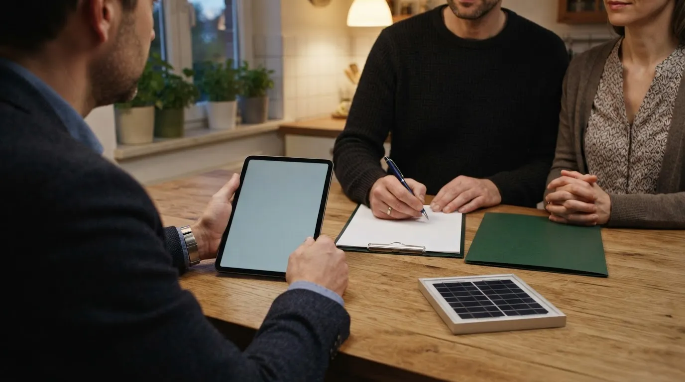 Am Küchentisch unterschreibt ein Paar ein Formular, ein Berater hält ein Tablet, auf dem Tisch liegen eine Mappe und ein kleines Solarmodul.