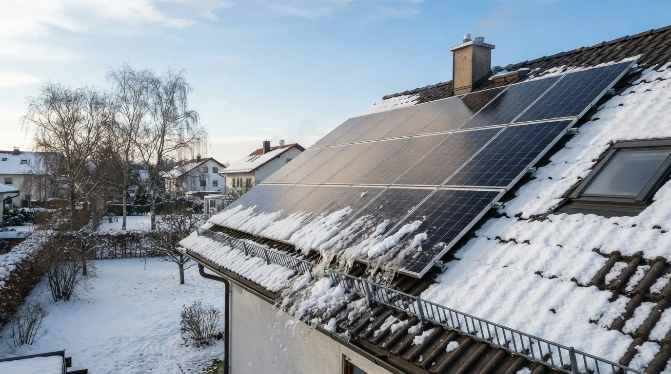 Hausdach im Winter mit Solarmodulen, von denen der Schnee im unteren Bereich abrutscht, die oberen Reihen sind schon frei.