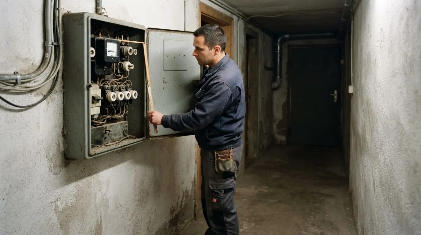 Elektriker misst im Kellerflur einen alten Zählerschrank mit analogem Zähler und alten Sicherungen mit einem Zollstock.