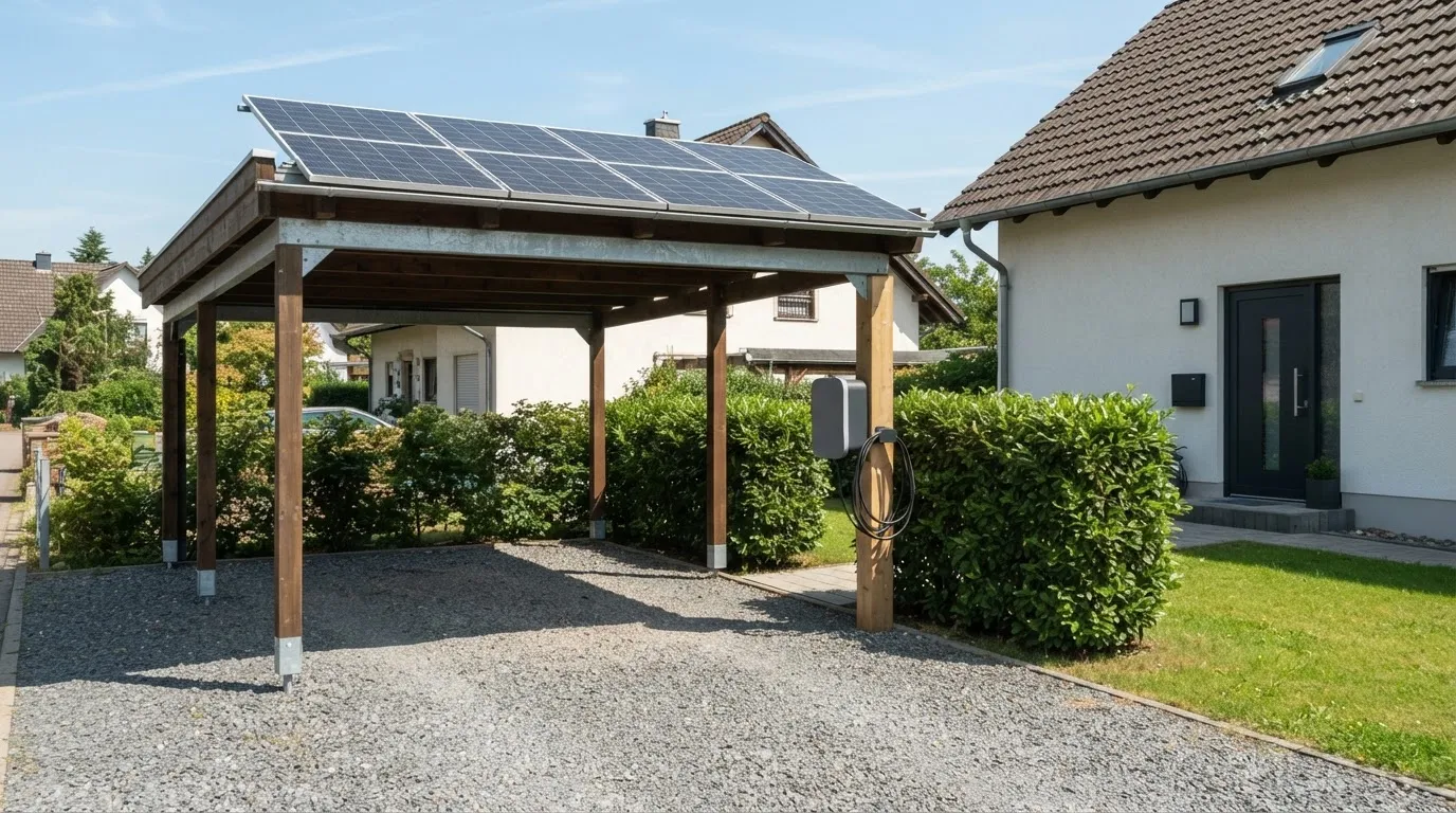 Freistehender Carport mit Holzstützen und Photovoltaikmodulen als Dach, darunter ein leerer Kiesstellplatz mit Ladebox.
