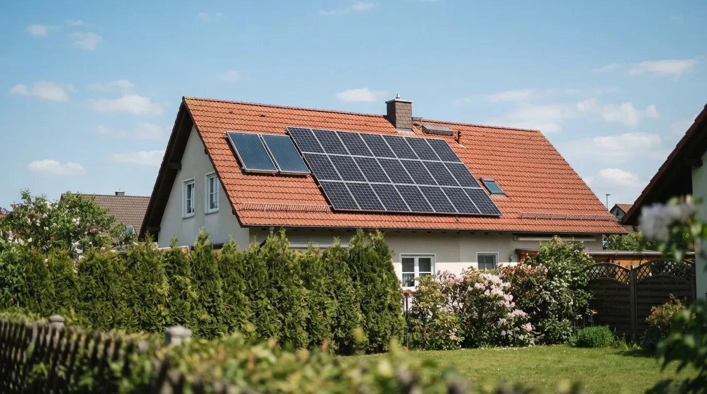 Ziegeldach eines Einfamilienhauses mit zwei dunklen Solarthermie-Kollektoren neben einer größeren Photovoltaikanlage.