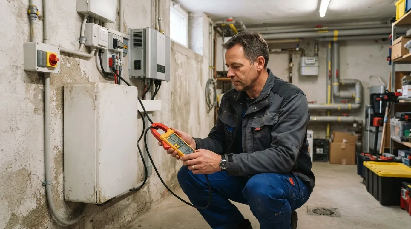 Techniker misst mit einer Stromzange an einem schon einige Jahre alten weißen Heimspeicher im Kellerraum.