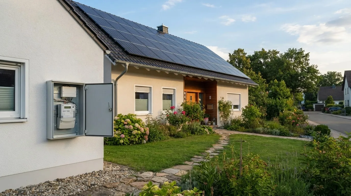 Einfamilienhaus mit PV-Dach, davor ein Zählerkasten mit digitalem Zweirichtungszähler an der Hauswand.